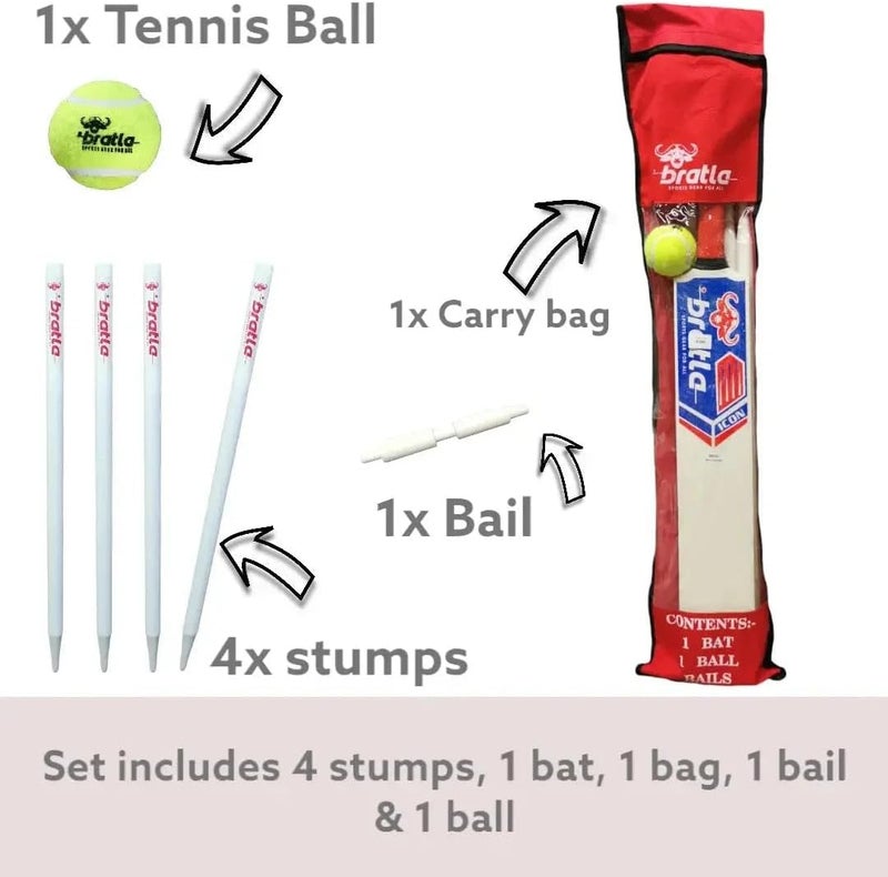 Bratla Complete Wooden Cricket Kit – Training Cricket Set with Bat, Tennis Ball, Stumps, Bail & Carry Bag – Available in Youth and Adult Sizes - Image 2